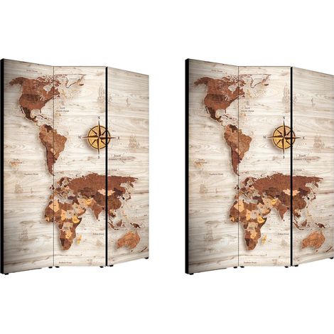 Lupia - Separe' Divisorio Paravento WORLD'S MAP BROWN 176x135,6x3,2 cm 3 Ante in Legno con Tela stampata Fronte Retro bifacciale (1/4)
