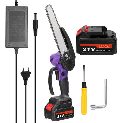 Mini 21V 8-inch rechargeable electric chainsaw, brushless motor, with 2 batteries (1/5)
