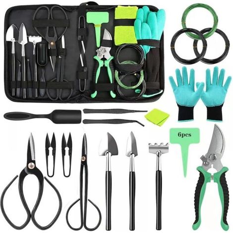 Kit Débutant Bonsaï 24 Pièces - Coffret Outils Professionnels avec Sac de Rangement (Mini Pelle, Truelle, Râteau + Gants) - Ensemble Jardinage Bonsaï Complet (1/5)