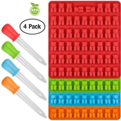 Moules en silicone pour friandises en forme d'ourson (bonbons, chocolats, gateaux, gelée, glace) - Lot de 4 moules - 53 oursons par (1/4)