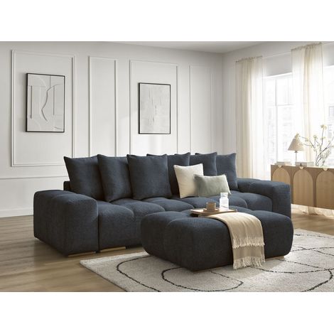 BOBOCHIC - Canapé droit convertible coffre ANAKIN tissu bouclette avec pouf Bleu foncé (1/5)