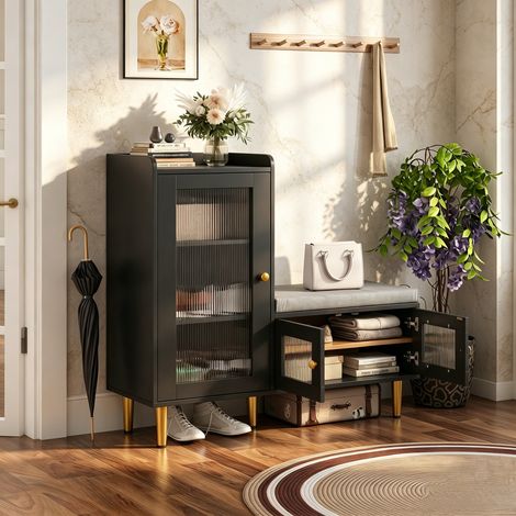 JOOKGBD-Meuble à chaussures d'entrée avec 3 portes,meuble étroit avec tiroirs de rangement et étagères réglables,poignées métalliques,pour couloir,entrée,salon,noir,100x35x90cm