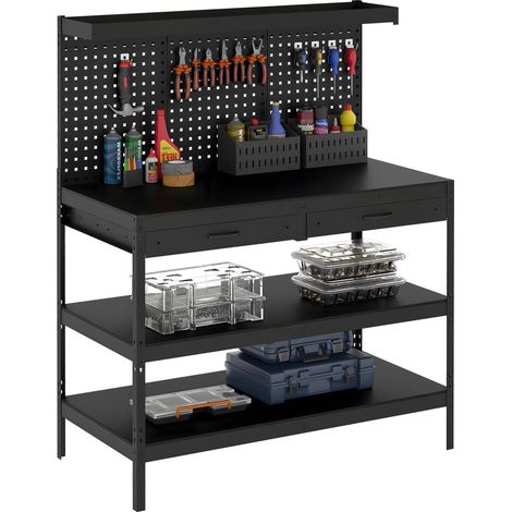 Établi d'Atelier, Charge Max. 272 kg, 122x61x156 cm, Panneau Perforé, 2 Tiroirs et 2 Étagères Réglables, Noir (1/5)