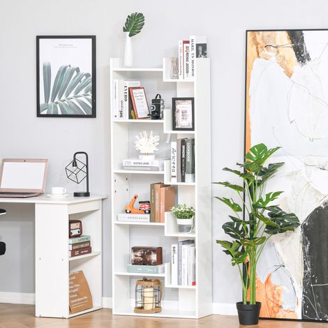 Bücherregal, 6-stöckiges Aufbewahrungsmöbel, unregelmäßiges Design, für Wohnzimmer, Schlafzimmer, Büro, 60 x 21 x 162,5 cm, weiß