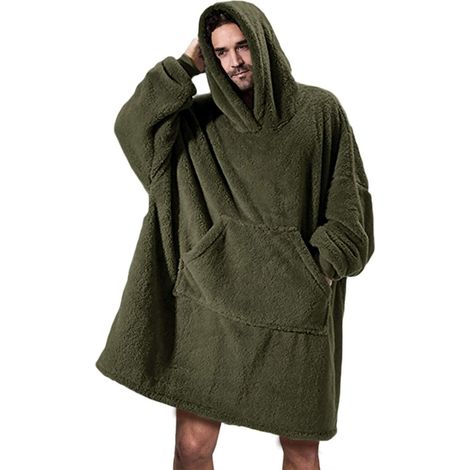 Kapuzendecke für Erwachsene, Fleecedecke mit Ärmeln für Damen und Herren, Kapuzendecke mit Ärmeln, tragbare Taschen, Winter-TV-Sofadecke, 95 x 85 cm, Armeegrün