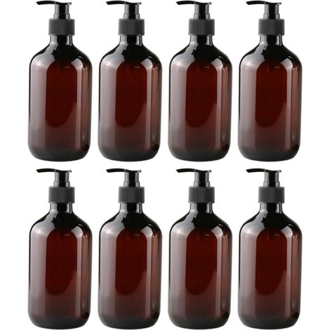 Set of 8 brown PET soap dispenser bottles with black lotion pumps - Empty refillable containers for shampoo, conditioner, shower gel, dish soap, beauty salon liquid (1/5)