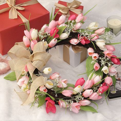 Guirlande Artificielle - Couronne de Tulipes en Plastique avec Feuillage Vert - Décoration de Porte pour Printemps et Saint-Valentin - 45 cm (1/5)