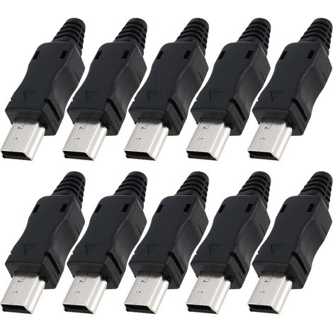 Pack of 10 Mini Male USB Connectors for Soldering, USB Connection Head for DIY Data Cable Creation, Electronic Project Connectors, 34 x 9 x 8 mm, Black (1/5)