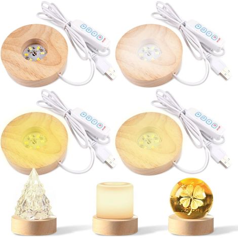 4 Pièces Socles Lumineux LED en Bois, Base D'affichage Lumineuse Ronde Socle Lumineux led, 3 Couleurs Réglables avec Interrupteur USB, pour Cristal Verre Résine Acrylique (8x2 cm) (1/5)