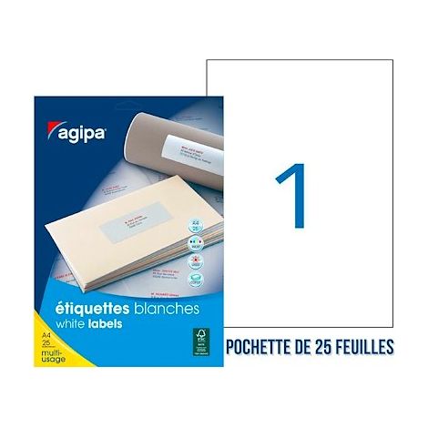 Etiquette adhésive Agipa 119643 blanche 210 x 297 mm multi-usage - Pochette de 25 (1/2)