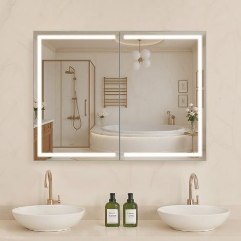 beleuchteter Medizinschrank mit Spiegel (60 x 80 cm) Wandmontage, 3-farbig dimmbarer LED-Badezimmerschrank mit HD-Spiegel, Memory-Funktion/verstellbaren Regalen, Stauraum/Steckdosen und USBs (1/5)