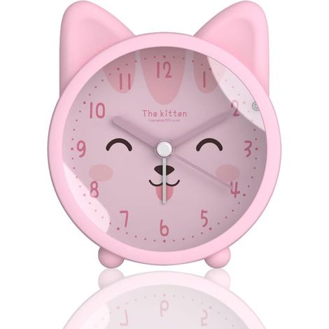 Niedlicher Tierwecker für Kinder, nicht tickender Hase/Katze/Hirsch, leiser Schreibtischwecker mit Hintergrundbeleuchtung (Katze, rosa)