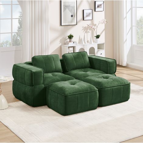 Canapé modulable 2 places avec 2 poufs, tissu polyester vert, assise profonde, mousse haute densité 32D (1/5)