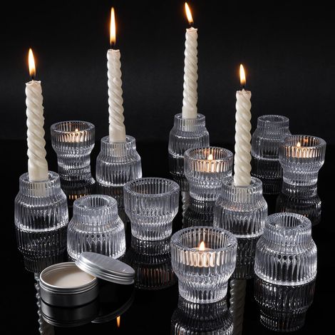 Bougeoir Verre, Lot de 12 Inversible Transparent Porte Bougie avec Cire Adhésive, Petite Cristal Photophore Verre pour Bougie Conique, Décoration de Table Mariage Anniversaire Fête Dîner (1/5)