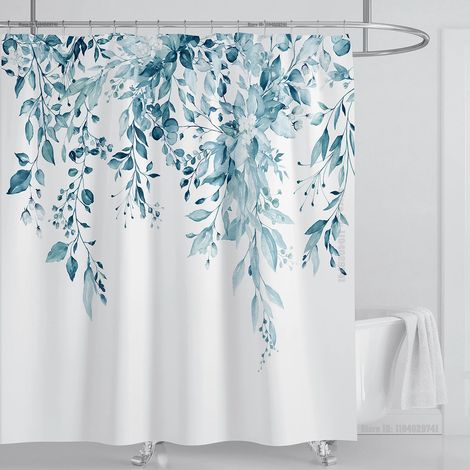 Filiyano-Rideau de douche en eucalyptus vert émeraude, motif de feuilles entrelacées et fleurs, avec crochets, L 150 x H 180 cm