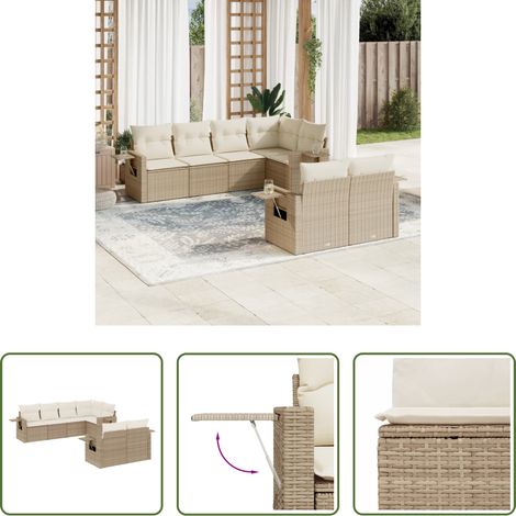 Gartensessel - 7-tlg. Garten-Sofagarnitur mit Kissen Beige Poly Rattan (1/5)
