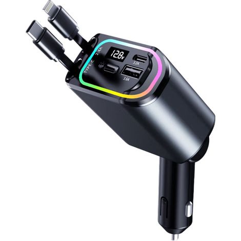 Einziehbares Ladegerät Auto 30W USB C Autoladegerät Zigarettenanzünder Schnellladegerät Adapter mit 90cm Ladekabel KFZ Handy Ladegerät RGB-Licht Kompatibel mit iPhone, Samsung, Google (Schwarz) (1/5)