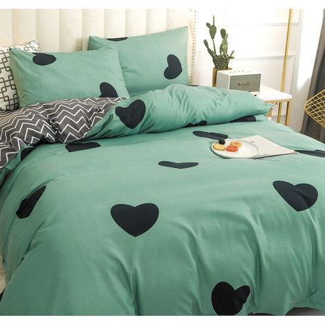 Parure de lit pour 2 personnes, en satin de coton, 4 pièces : drap-housse 180x200 cm, housse de couette 200x230 cm, 2 taies d’oreiller 55x75 cm, motif cœurs, vert-noir-gris (1/5)