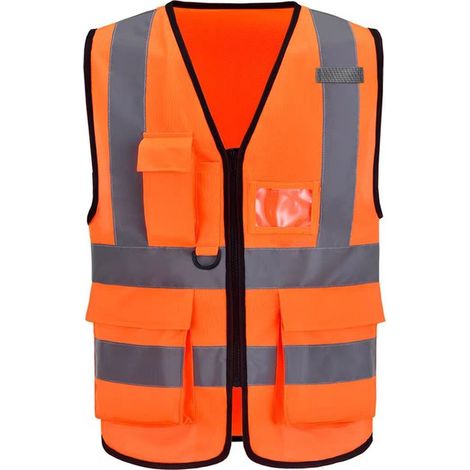 Deux gilets de sécurité, disponibles en plusieurs couleurs, avec 7 poches, gilets de sécurité réfléchissants de niveau 2, avec bandes réfléchissantes sur le devant, unisexes, orange, XL (1/5)