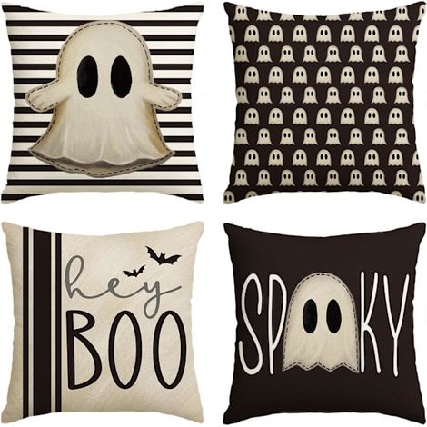 Taies d'oreiller effrayantes Halloween Hey Boo avec de mignons fantômes, 45 x 45 cm, lot de 4, noires (1/5)