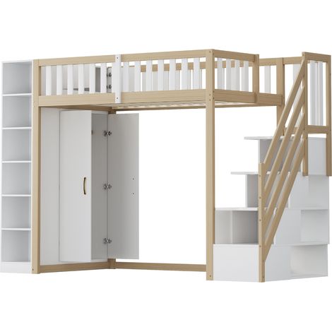 Hochbett 90x200 cm mit Regalen, Kleiderschrank und Stauraumtreppe, Weiß und Naturholz (1/5)