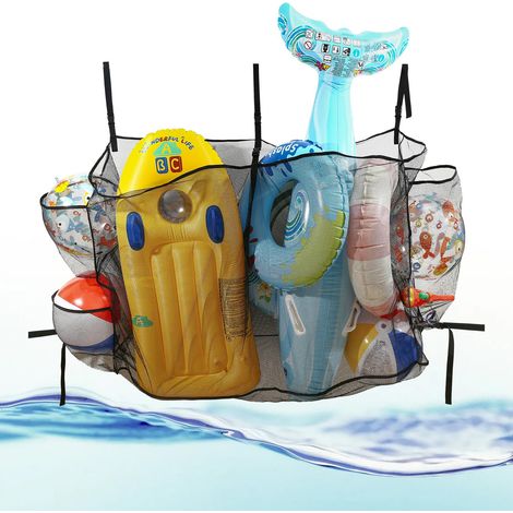 Panier de rangement de piscine avec 3 poches latérales et sangles au sol, sac en filet étanche pour jouets de piscine (148 x 40 x 95 cm), convient pour les gadgets de piscine, le rangement (1/5)