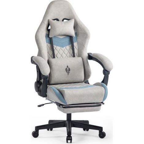 Chaise gaming avec repose-pieds, chaise de bureau en tissu avec support lombaire, fauteuil de jeu ergonomique, capacité de charge de 150 kg, chaise de gamer, accoudoir réglable, gris
