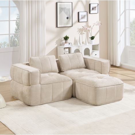 Modulares Ecksofa 198/162/67 cm Beige mit Hocker, Polyesterbezug und tiefer Sitzfläche (1/5)