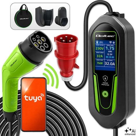 Cargador Qoltec para coches eléctricos e híbridos con regulación 2 en 1 Tipo 2 7 kW 230 V CEE 32 A Wi-Fi Tuya Smart