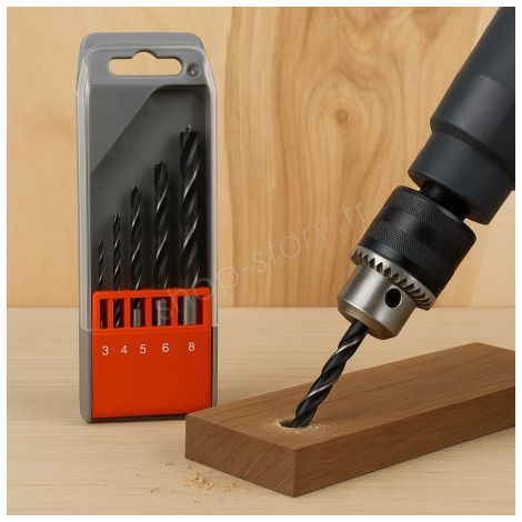 Lot de 5 Mèches à Bois Ø 3-8 mm avec Étui – Perceuse Bois Dur & Tendre (1/5)