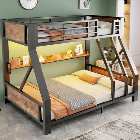Lit superposé enfant 90 x 200 / 140 x 200 cm avec LED et étagère, noir HAVRYA (1/5)