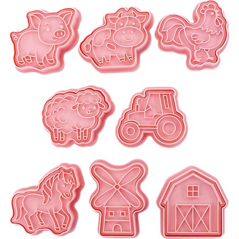 8 moules à biscuits animaux de la campagne, en PP alimentaire, découpes imprimées et en relief, pour gâteaux d'anniversaire et décoration sucrée (1/5)