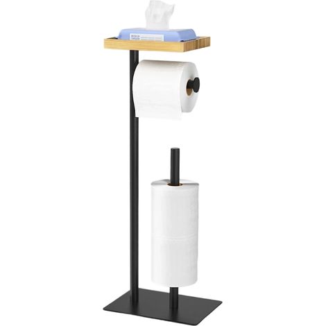 1 Support Papier Hygiénique, Acier Inoxydable, Étagère Bambou, Dispenser Sol, 4 Rouleaux, Salle de Bain (1/5)
