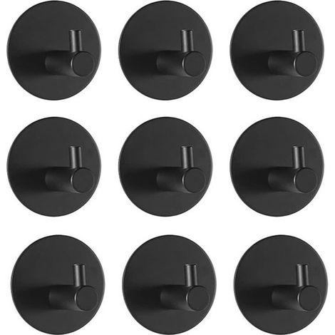 Uncinetti muraux autocollants noirs (lotto di 9) - Uncinetti per il bagno e acciaio inossidabile - Patères autocollantes adattati aux cucine, stanze per il bagno e stanze (1/5)