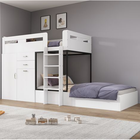 Lit mezzanine 90 x 200 cm multifonction blanc et noir en MDF avec bureau escamotable, penderie et rangements (1/5)