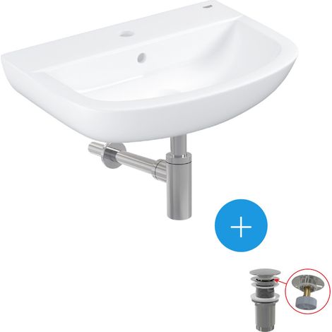 Grohe Conjunto lavabo de porcelana suspendido 55,3x38,6cm + desagüe click-clack + sifón fregadero (39440000-SET)