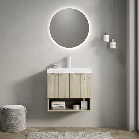 Mueble de lavabo suspendido con lavabo de cerámica, blanco y blanco roto, 55 cm, con 2 puertas y estante abierto (1/5)