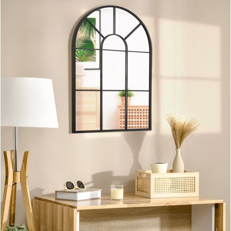 Miroir mural fenêtre avec cadre en métal noir 91 x 60 x 2 cm, design cintré, OKWISH (1/5)