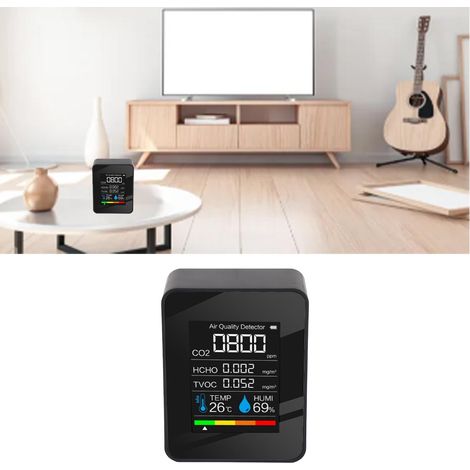 5-in-1-Detektor für CO2, VOCs, HCHO, Luftfeuchtigkeit und Temperatur, Luftqualitätsmonitor mit Alarmfunktion, einstellbare Temperatur (℉/℃) (1/5)