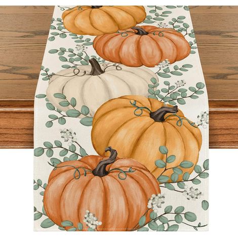 Chemin de table à motifs citrouille et feuilles d'érable pour la cuisine, la salle à manger, les fêtes et la décoration de table basse - 30 x 180 cm (polyester) - Style 9