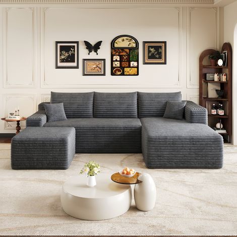 Sofá rinconero 241 cm de tejido efecto pana, 4 plazas, gris oscuro OKMYHOME (1/5)