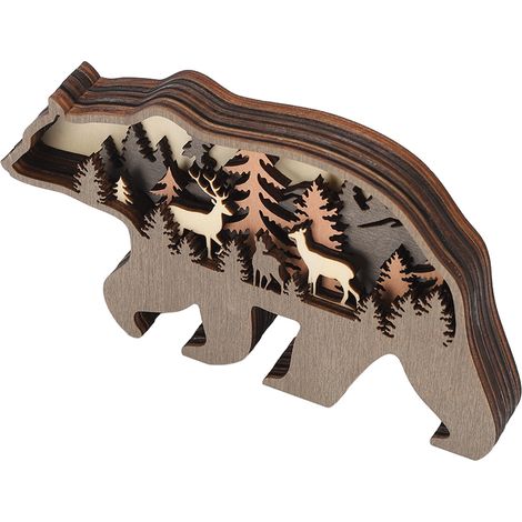 Sculpture en bois 3D représentant un animal de la forêt, ornée de plusieurs couches de bois sculpté. Décoration murale et d'ameublement. Ours. (1/5)