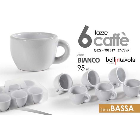 Set 6 Tazzine Tazze da Caffe' Bar Basse in Ceramica Bianche