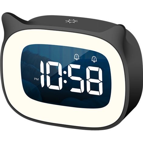 Réveil enfant JUSTUP avec veilleuse, luminosité réglable, motif oreilles de chat, pour garçons et filles --- Noir (1/5)