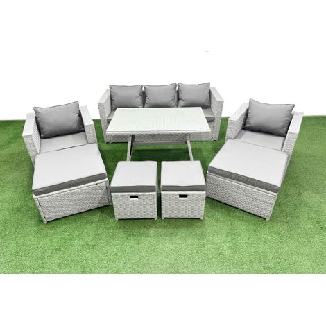 Fimous 8 Pieces Outdoor PE Rattan Sofa Armchair Set Patio Garden Furniture Sets with Cushions 4 Stools Light Grey (1/4)