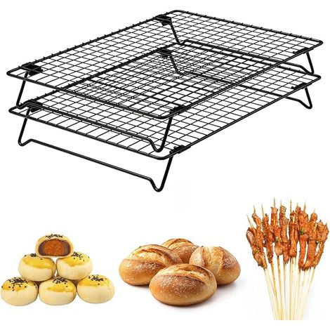 Lot de 2 grilles de refroidissement empilables, 34 x 24 x 6 cm, grille de refroidissement anti-adhésive, rectangulaire, empilable, grille à gâteau pliable pour rôtir, cuire, biscuits, griller (1/5)
