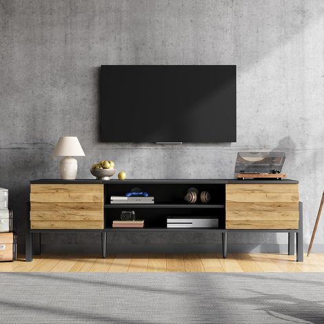 Meuble TV de 175 × 39,5 × 53 cm, avec 2 portes et des étagères ouvertes, adapté aux téléviseurs de 70 pouces et moins, noir