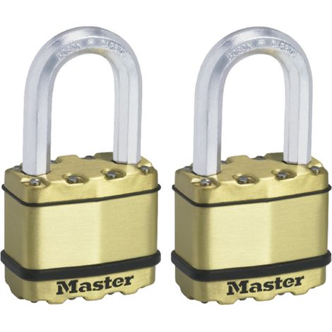 MASTER LOCK Cadenas Très Haute Sécurité [A Clé] [Acier Laminé + Finition Laiton] [Extérieur] [Pack de 2] M5BEURTLF - Idéal pour les remises, les garages, les clôtures et les portails