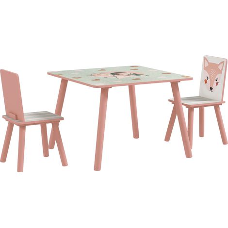 Set Tavolo con 2 Sedie per Bambini in Legno di Pino e MDF Rosa (1/5)