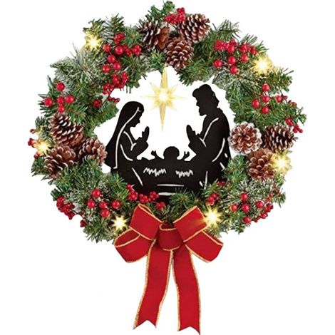 Guirlande De Noël Avec Lumières - Couronne Décorative En Feuillage Artificiel Et Nœud Rouge - 35 cm - Pour Porte Mur Fenêtre Intérieur Extérieur (1/5)